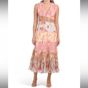 DALIA MACPHEE V-Neck Floral Midi Dress With Tiered Skirt - Medium